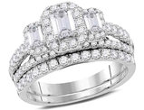 1.50 Carat (ctw G-H, SI2-I1) Emerald-Cut Three Stone Diamond Engagement Ring Wedding Set in 14K White Gold